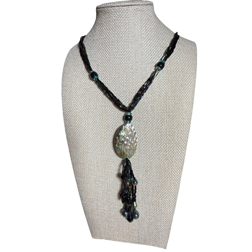 Oil slick Y2K Coldwater Creek Abalone Shell Beaded Tassel Necklace Iridescent